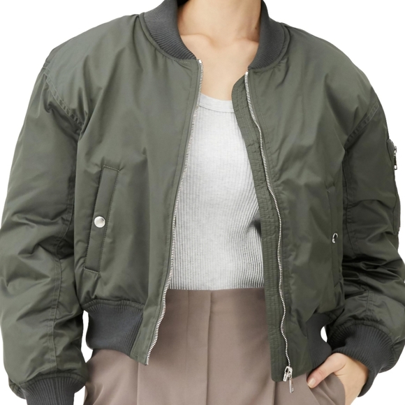 Zara Cropped Bomber Jacket Khaki Green Wind Water Resistant Streetwear Outdoors - Picture 1 of 10